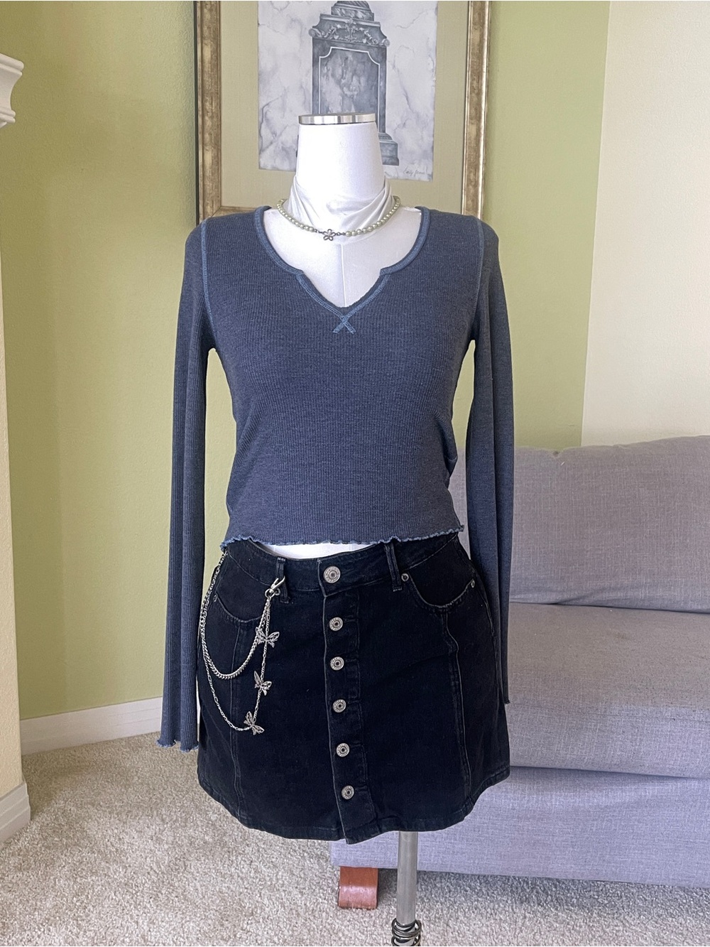 American Eagle Outfitters Ribbed Notch-Neck Long Sleeve Tee in Slate Blue